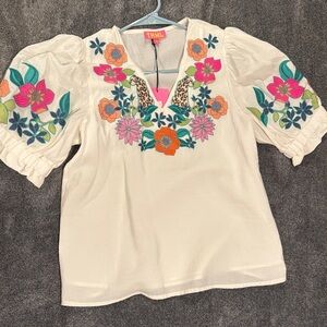 THML Cream Embroidered Floral Puff-Sleeve Blouse